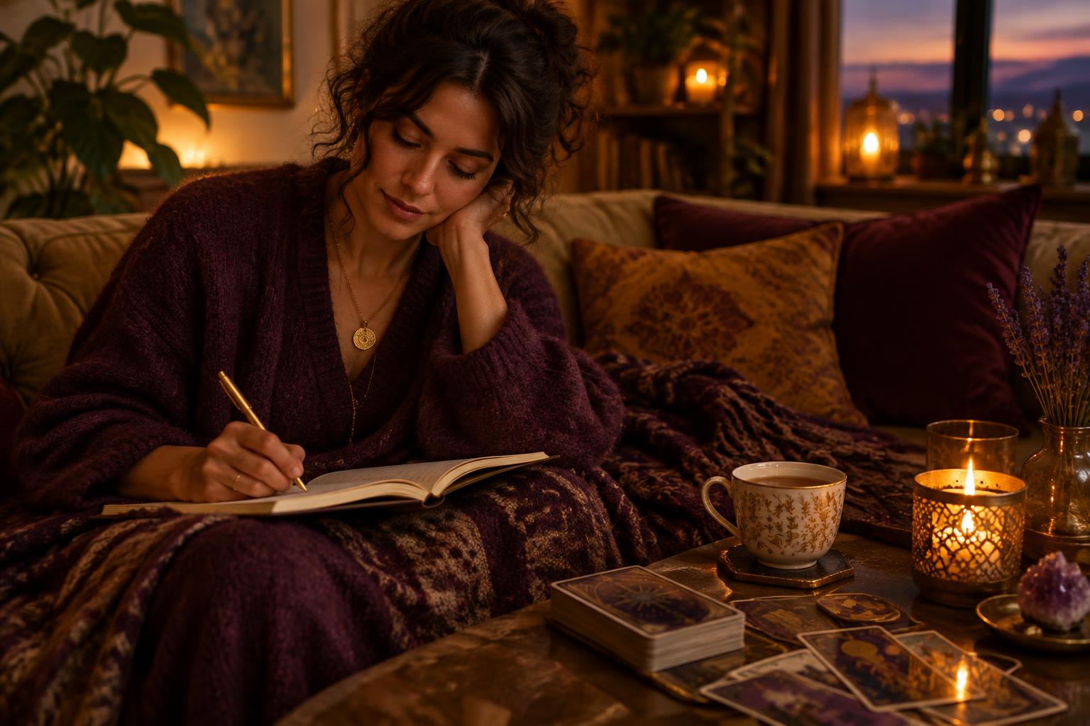 A woman in a plum cardigan writes in a notebook on a cozy sofa, with tea, candles, and tarot cards on the table beside her.