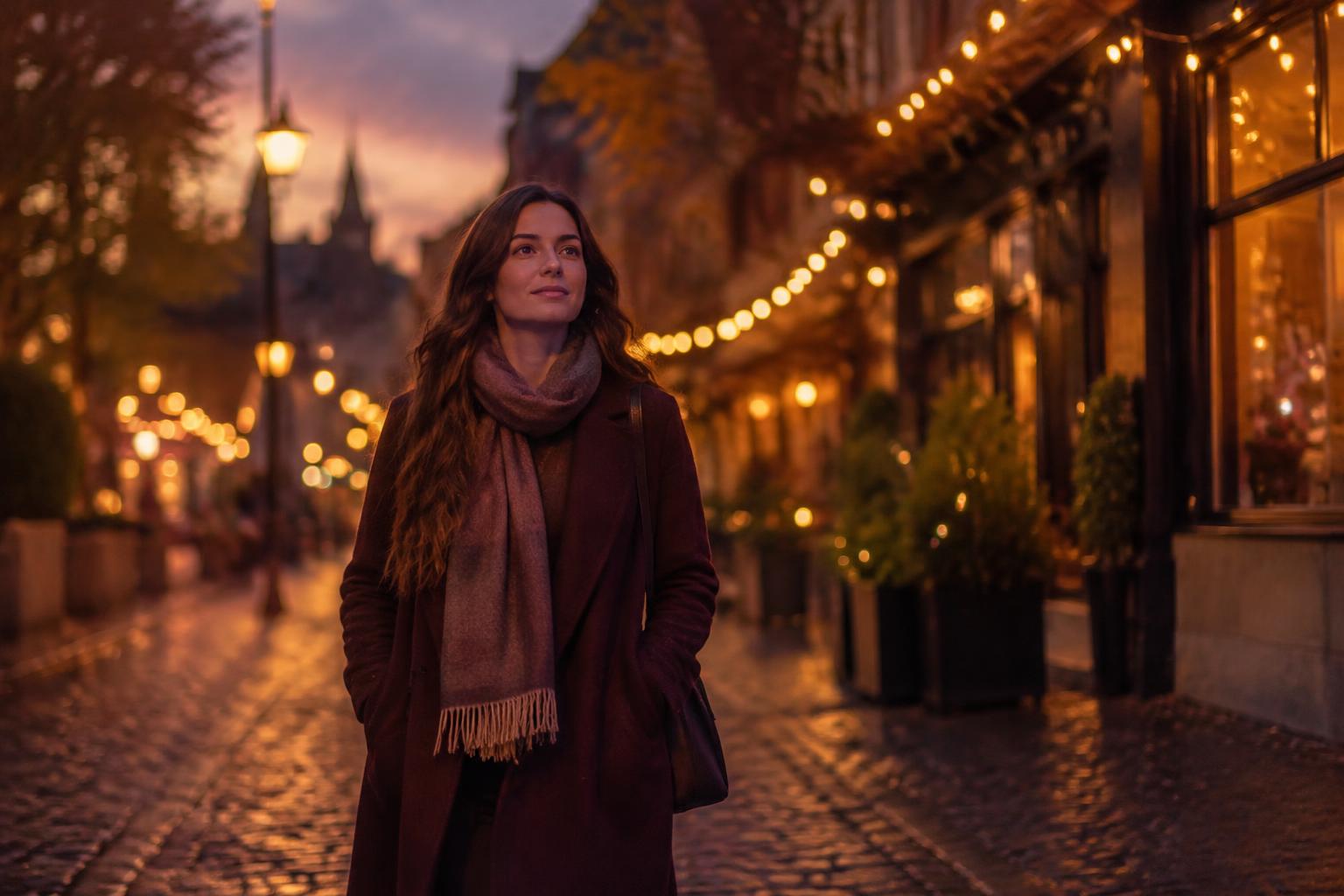 A woman in a burgundy coat and scarf walks down a cobblestone street lit with golden string lights at dusk, smiling softly.