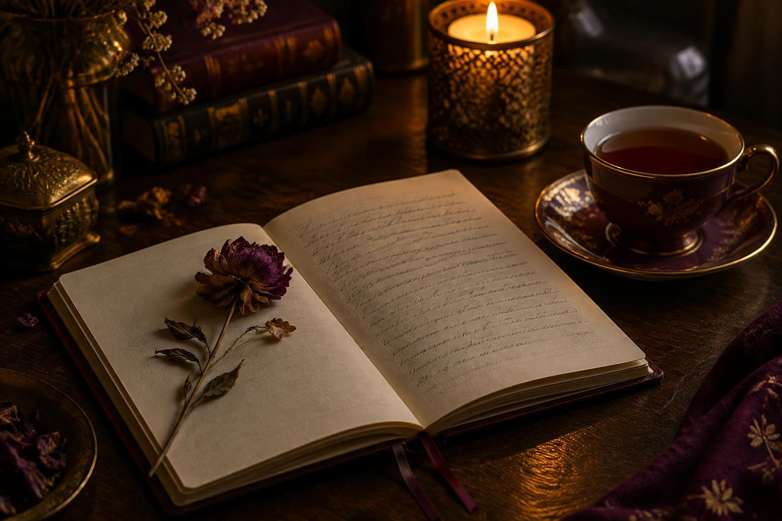 An open journal with a handwritten letter and a pressed flower rests on a dark table beside a teacup and a glowing candle.