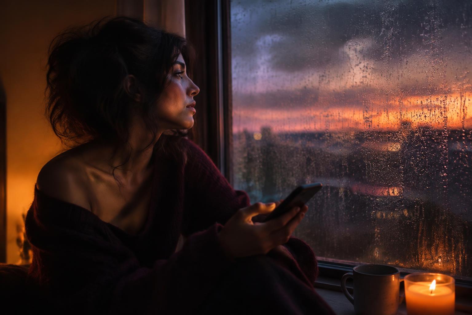 A woman in a plum sweater sits by a rain-streaked window at dusk, holding her phone beside a lit candle.